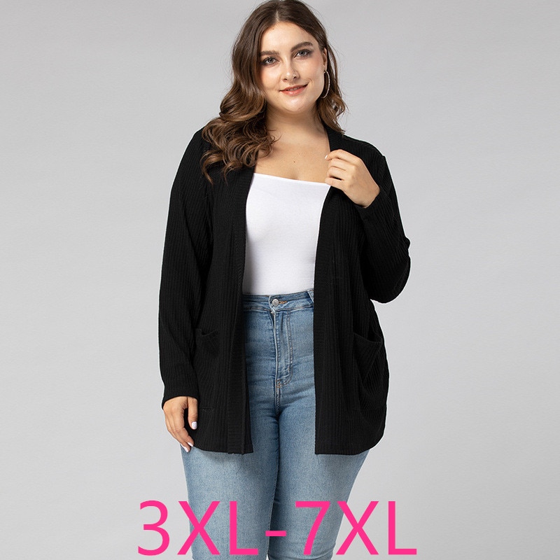 Feminino primavera outono plus size roupas femininas camisola cardigan para mulher casual solto mangas compridas fino tricô casaco preto 7xl