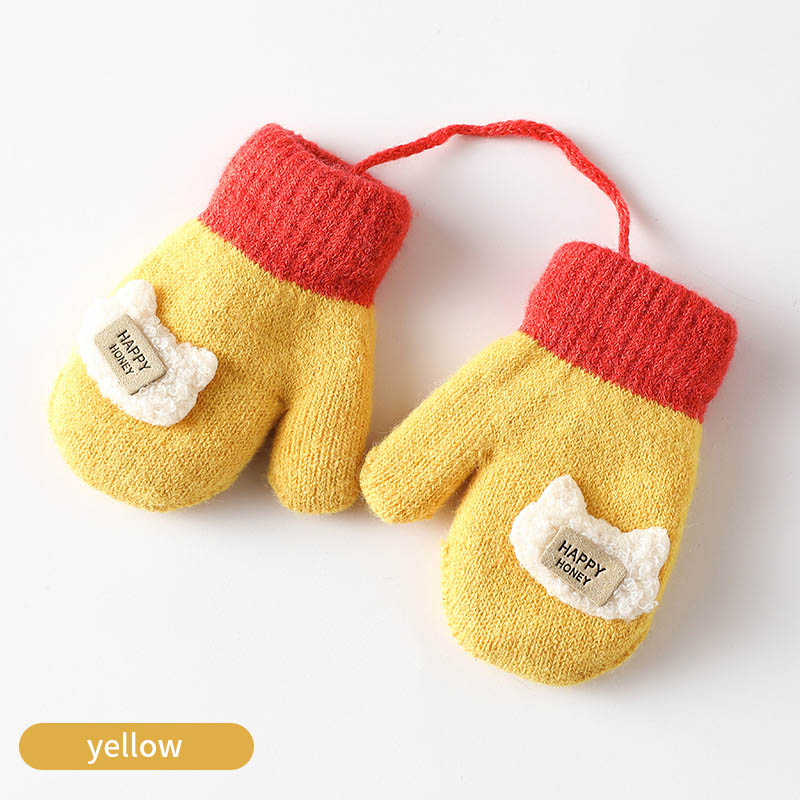 Guantes gruesos y cálidos para bebé, manoplas de punto suave con dibujos animados, cuerda para niño de 1 a 5 años: yellow