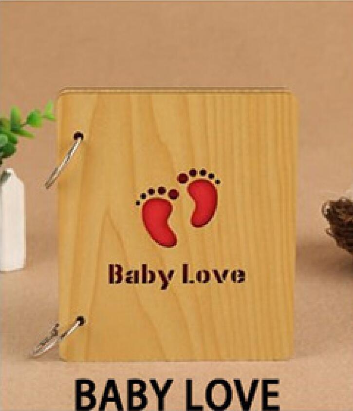 5 Inch DIY Red Wood Hollow Interleaf Photo Album Children Loose-Leaf Scrapbook Walnut Color Mini Memory Book Picture Storag: BABY LOVE-1