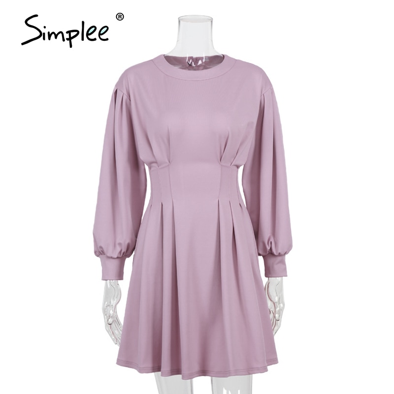 Simplee – robe courte plissée violette pour femme, vêtement féminin à manches bouffantes et à col rond, coupe ajustée, printemps