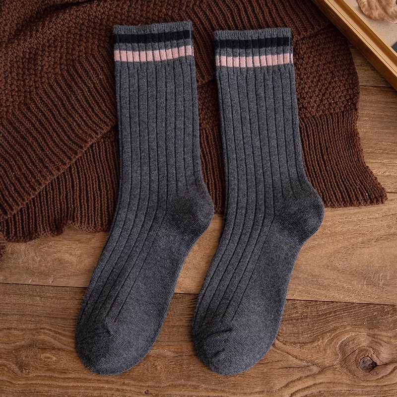 Chaussettes Vintage en coton pour femmes, longues, amples, solides, tricotées, rayées, respirantes, collection printemps-automne: Dark Gray