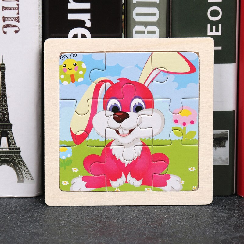 3D Puzzle Wooden Toys jigsaw puzzle Cartoon Animal Traffic Puzzles for Kids Educational Cognitive Toy 9 Pieces 11x11cm: Rabbit