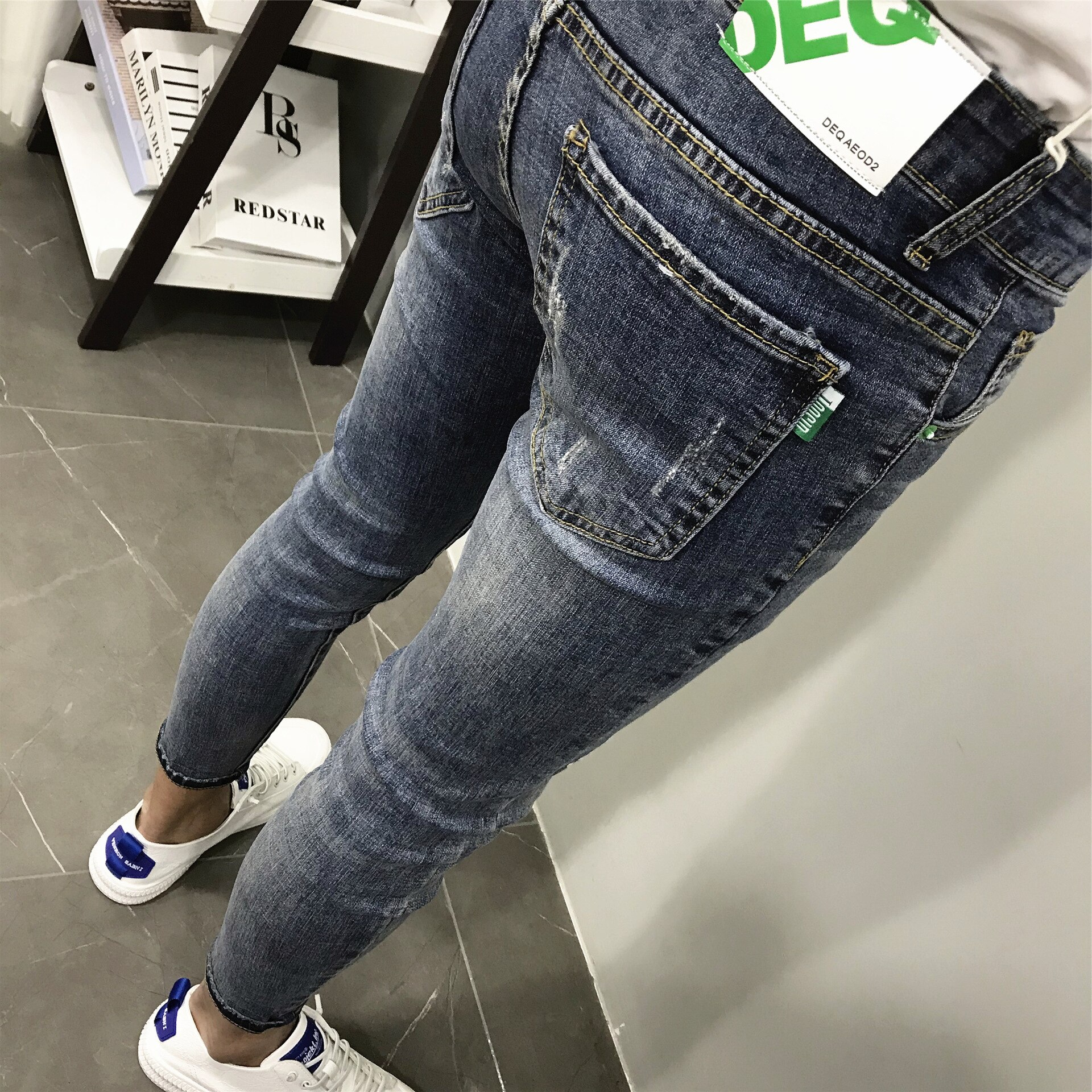 AOWOFS Slim Fit Jeans för Herr - Broderi - Dragkedja - Vår/Höst