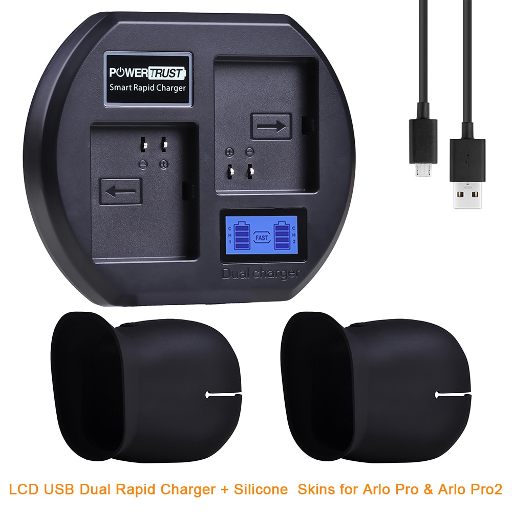 LCD Display USB Dual Charging Station Charger with 2X Silicone Skin for Arlo Pro 2 Arlo Security Light and Arlo Go Battery