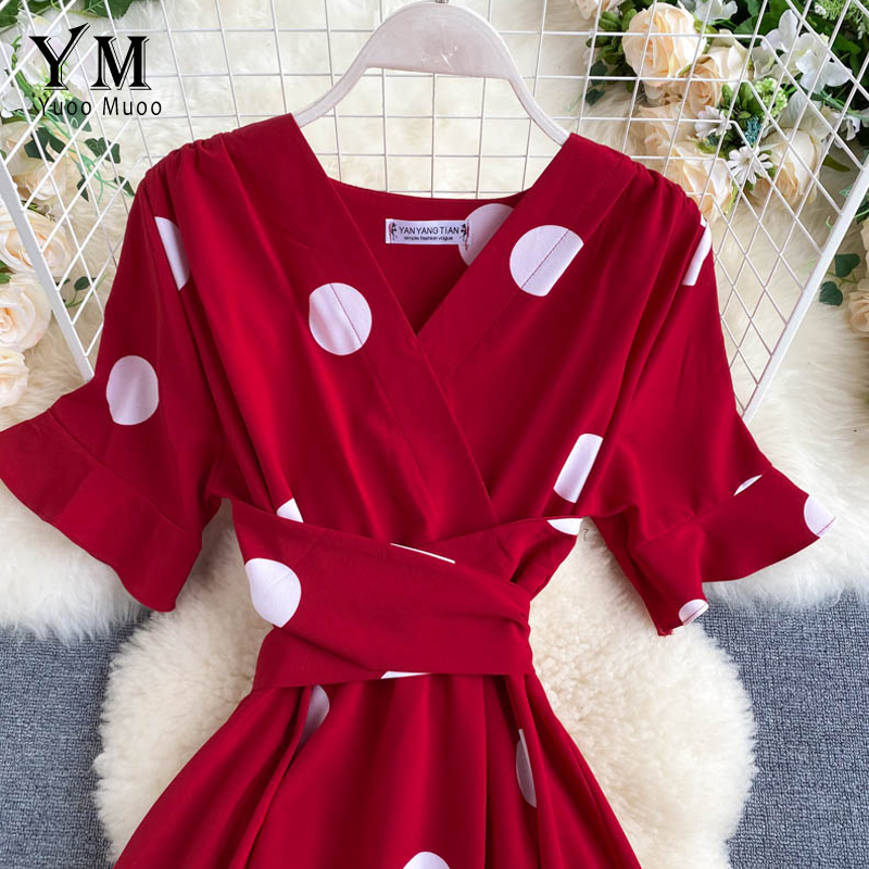YuooMuoo-robe à bandes, tenue Vintage, à pois, col en V, tenue de soirée, tenue élégante, rouge, été