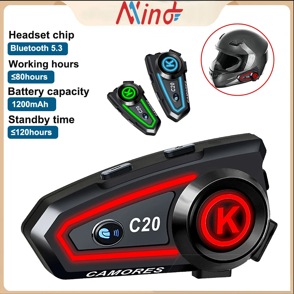 C20 Bluetooth Motorhelm Headset Stereo Handsfree bellen Waterdichte Roise Reduction Oortelefoon met driekleurig omgevingslicht