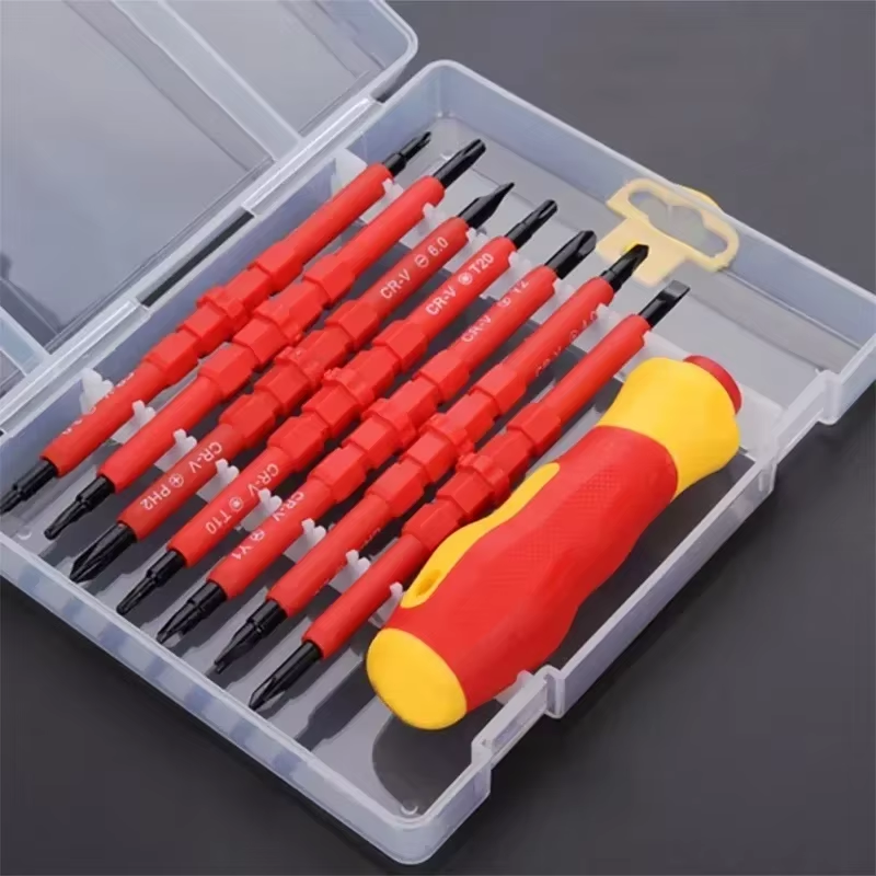 Kit de herramientas de reparación de electricista, juego de destornilladores aislados intercambiables de 1000V con puntas ranuradas magnéticas, 13 Uds./8 Uds.: Rojo