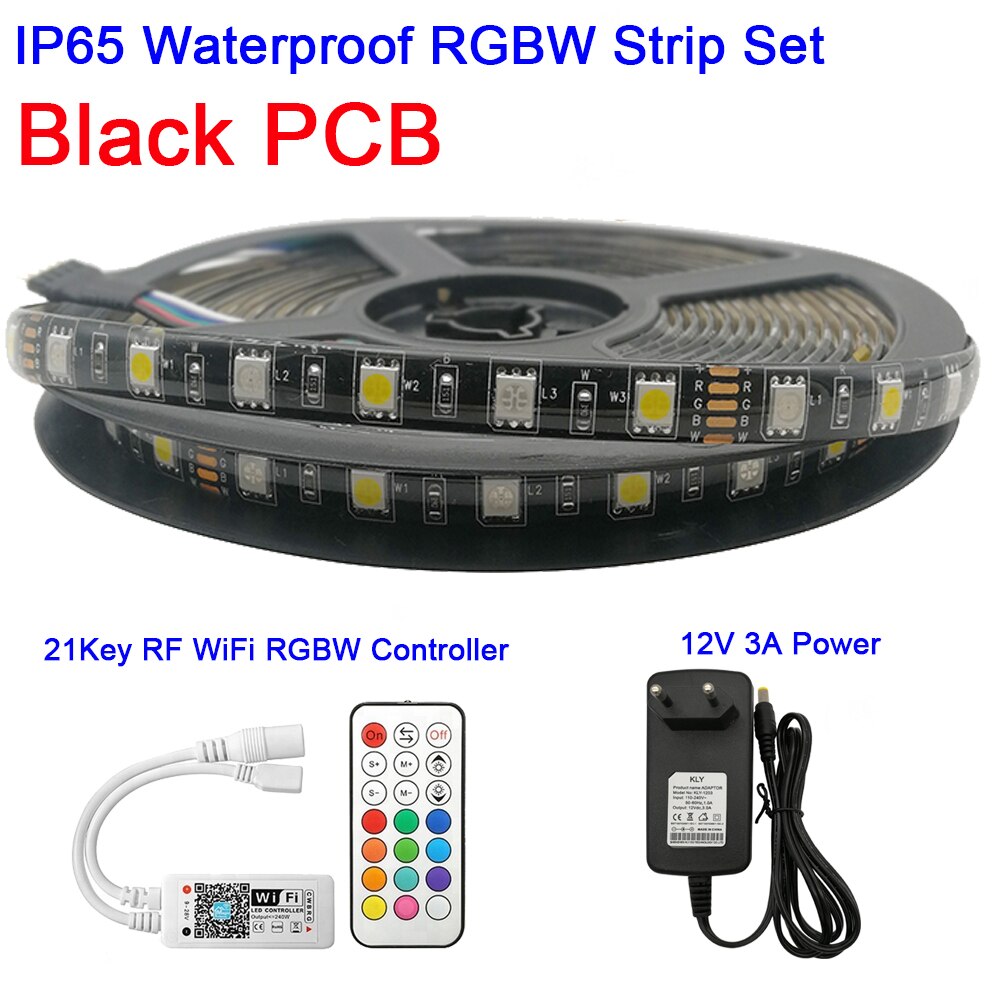 12V 5050 Rgbw Rgbww Led Strip 60Leds/M 5M Met Mini 21Key Rf Wifi Afstandsbediening alexa Google Voice Control + Voeding: Black PCB IP65 Set / RGB Warm White