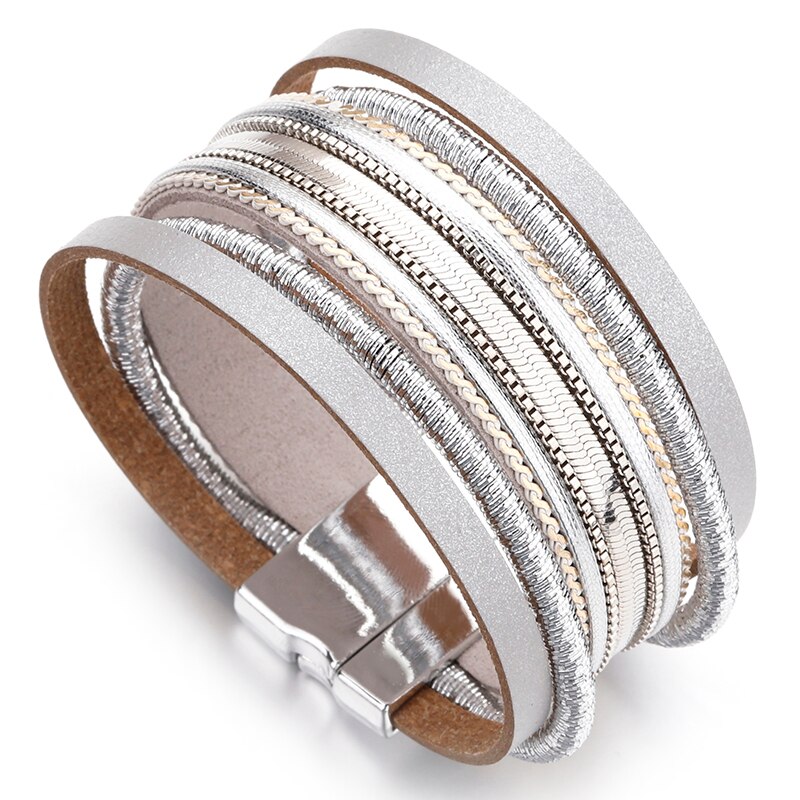 Amorcome Metalen Ketting Geplakt Op Lederen Armbanden Voor Vrouwen Vrouwelijke Vintage Bohmenian Multilayer Wide Wrap Armband Femme Sieraden