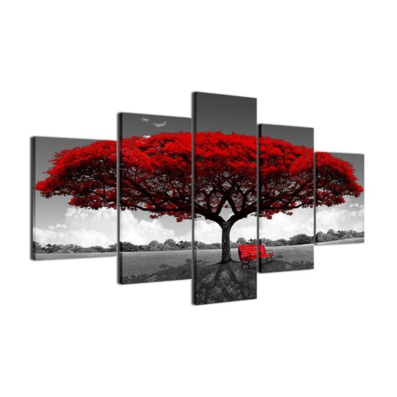 5 paneles de rojo abstracto pinturas al óleo de árboles impresos en lienzo, carteles e impresiones de paisaje, imágenes artísticas de pared para decoración del hogar sin marco