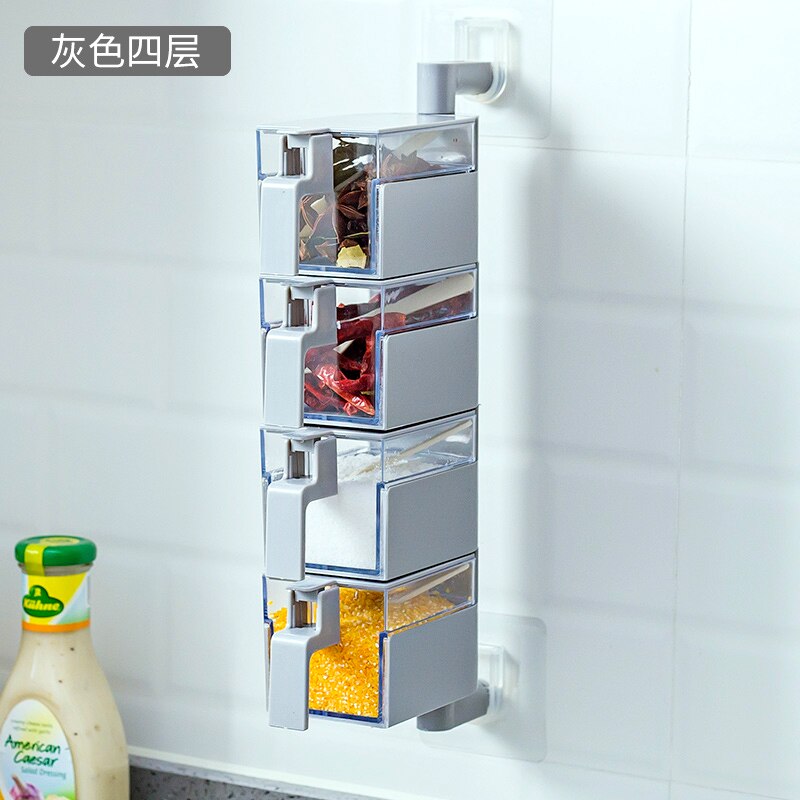 Kitchen supplies salt cans wall hanging free punch household seasoning jars bottle storage box spice box set MJ1020: Gray 4 layers