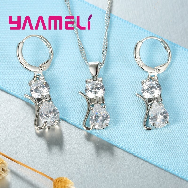 Genuine 925 Sterling Silver Jewelry Set Clear CZ Cubic Zircon Cat Necklace Earrings Pendant For Women