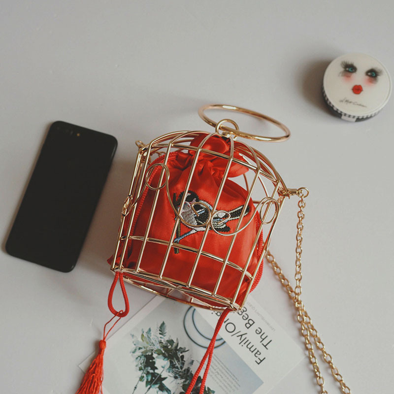 women&#39;s Birdcage Evening Bag Clutch Metal Frame Embroidery Bucket Bird Cage Mini Bag Purse women Gold tassel Handbag