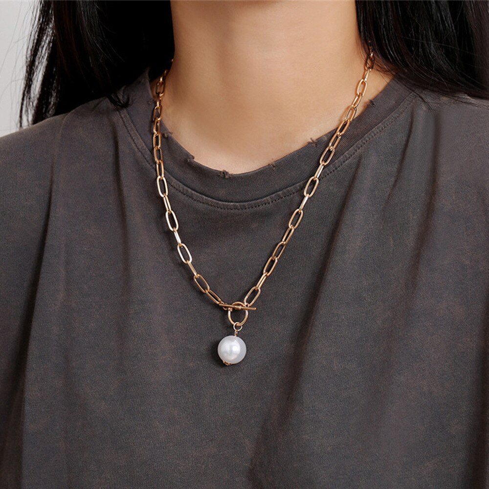 KMVEXO Gothic Baroque Irregular Round Pearl Pendant Choker Necklace for Women Wedding Party Punk Long Chain Necklaces Jewelry: Gold Round