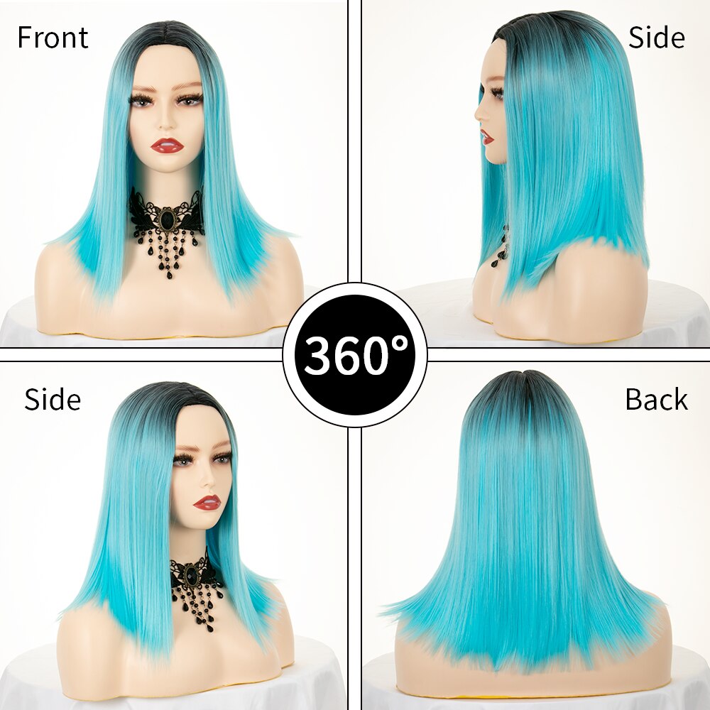 Ombre Straight Blue Wig Middle Part Short Bob Synthetic Hair 14&quot; Shoulder Length With Dark Roots Cosplay Costume Wigs For Women