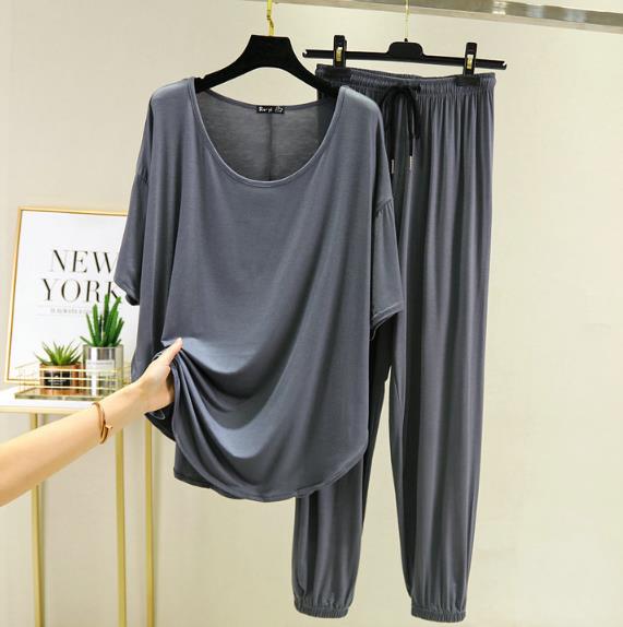 Pyjama ample grande taille pour femmes, vêtements de maison, ensemble deux pièces en coton, manches courtes, pantalon,: deep grey