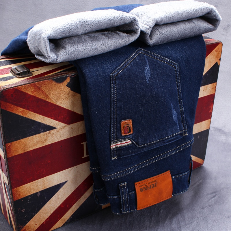 Mens Winter Fleece Jeans Lined Stretch Denim Warm Blue Jeans For Men Slim Fit Brand Trousers Pants Jeans 28-42