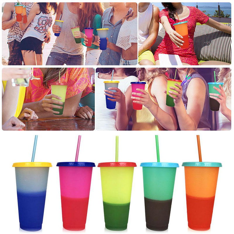5 farver genanvendeligt plastikglas med låg og sugerør temperatur farveændring kold kop sommerdrink vandflaske 20 stk / parti