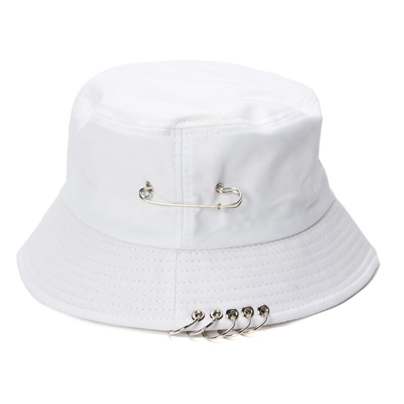 Harajuku Punk algodón personalidad sombrero de cubo Metal Pin o-anillos Color sólido ala ancha protector solar plegable Hip Hop pescador Cap: Blanco
