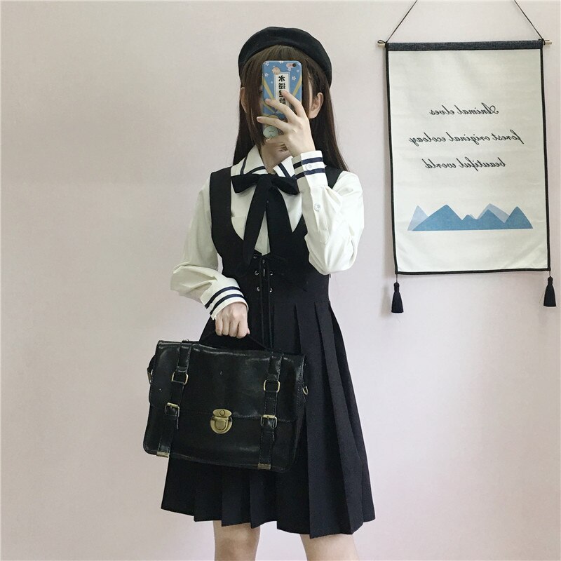 Japanese College Uniforms Long-Sleeved Shirt Pleated Suspender Dress Two-Piece Suit Female School Girl Uniform