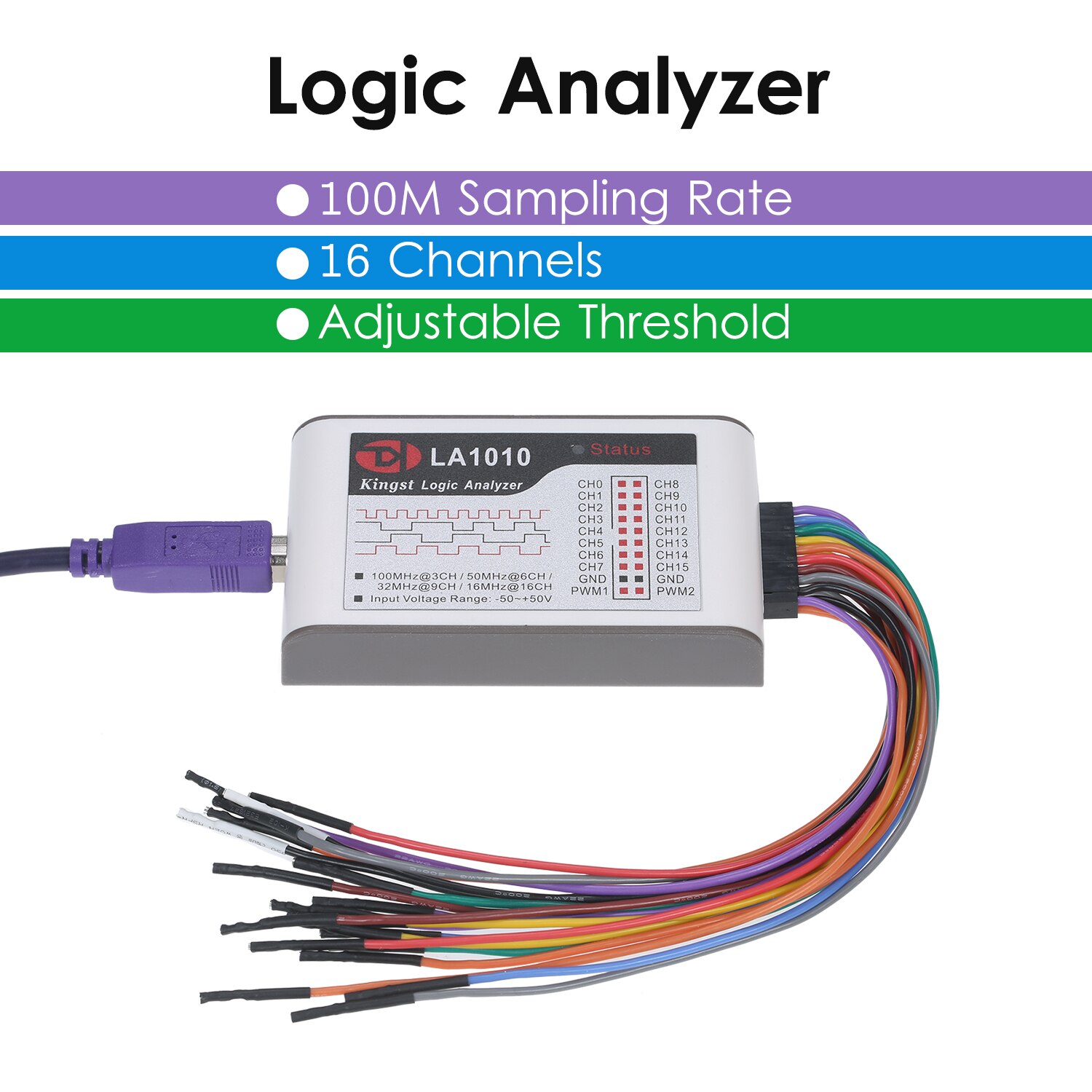 LA1010 Logic Analyzer 100M Sampling Rate 16 Channels Adjustable Threshold Logic Analyzer