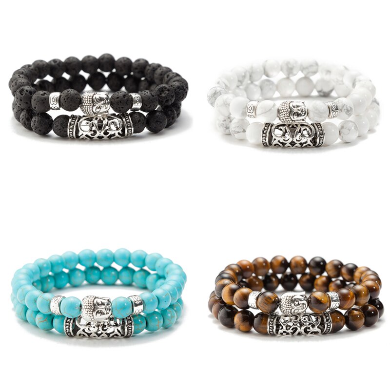 SUMENG 2 pièces ensemble noir lave pierre prière perles bouddha hommes perle Bracelet perlé Bracelets pour femme et hommes