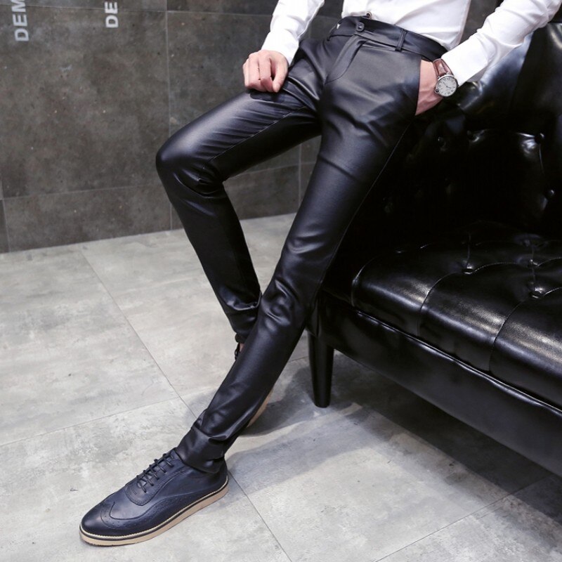 Pantalones de cuero pitillo góticos para hombre, pantalones pitillo elásticos ajustados con efecto Push Up, ropa de calle Punk, pantalones negros de