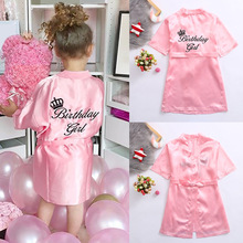 Casual Peuter Baby Kids Meisjes Gown Roze Solid Brief Gedrukt Zijde Satijn Kimono Gewaden Badjas Verjaardag Meisjes Nachtkleding