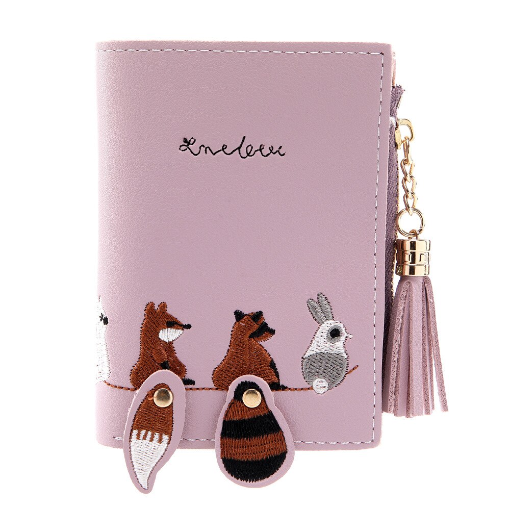 Damen-geldbörse mit fuchs- und katzenmotiv, kurze geldbörse mit quaste, münzfach, kartenhalter, handtasche, rosa, grün, schwarz, grau, damen-geldbörsen und -portemonnaies, carteira  #t20: Lila 