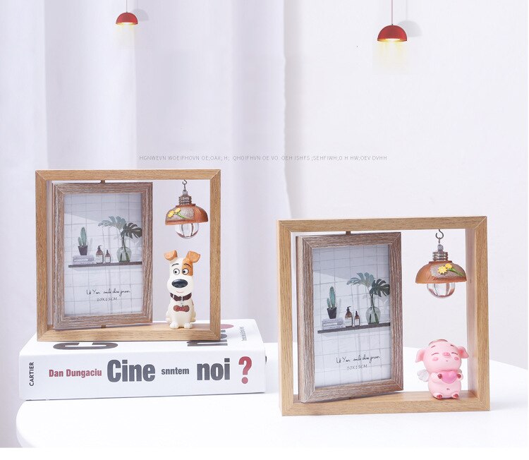 Marco de foto de madera giratorio de doble cara con patrón de dibujos animados 3D, decoración creativa de estilo nórdico,