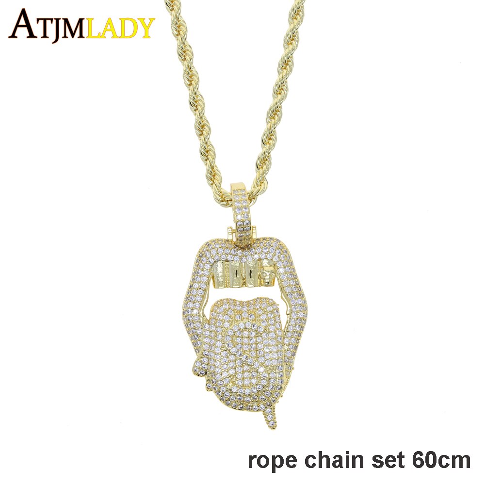 Iced out white pink mouth pendant Dollar symbol engraved hiphop bling cz pave tennis chain dripping Lip men boy necklace jewelry: gold rope chain