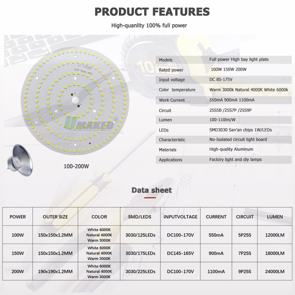 Plaque PCB LED SMD3030, Source de lumière haute baie pour éclairage commercial, industriel, marché, entrepôt, atelier, garage, lampe de remplacement, bricolage