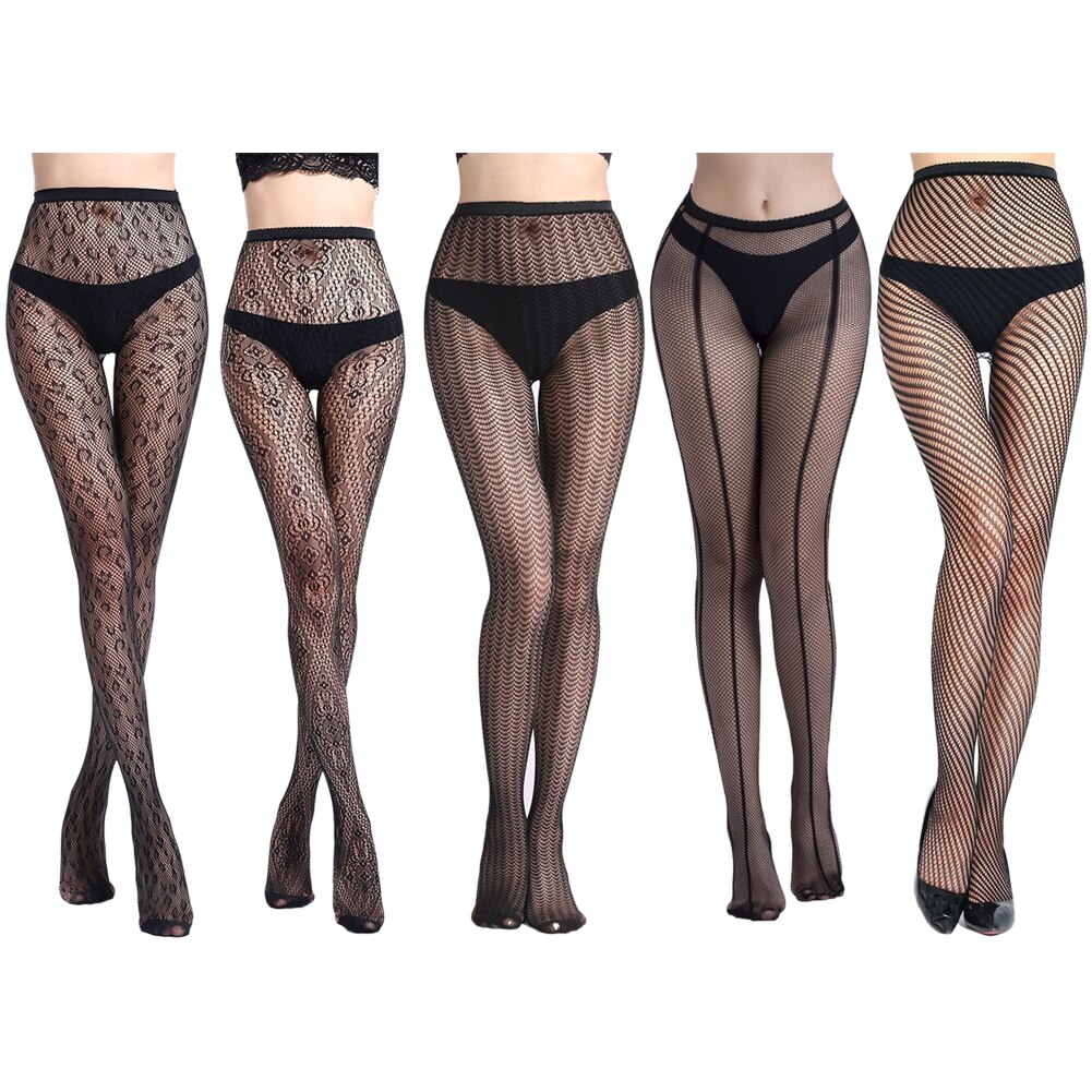 5pcs/set Women Pantyhose One Size Nylon Cross Mesh Comfortable High Waist Daily Thin Sexy Jacquard Fishnet Stockings