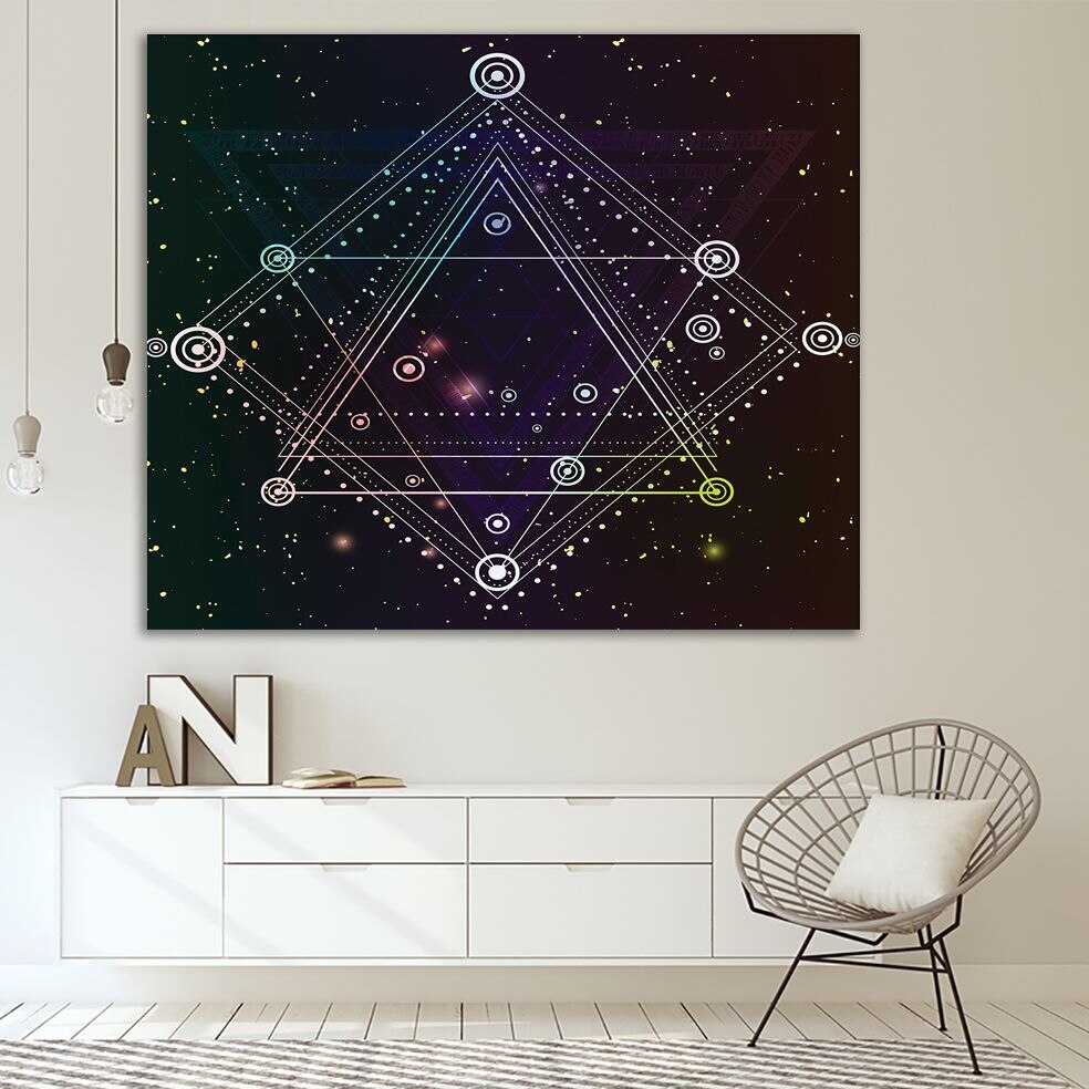 Tapestry Hipster Mystic Heilige Driehoeken Cirkels Op Donkere Ruimte Sterrenhemel Boho Chic Art Zwart Wit Paars