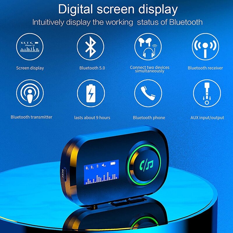 Bluetooth 5.0 Transmitter And Receiver With Digital Display Screen,Handsfree Calls,3D Surround Sound For Car Home Stereo