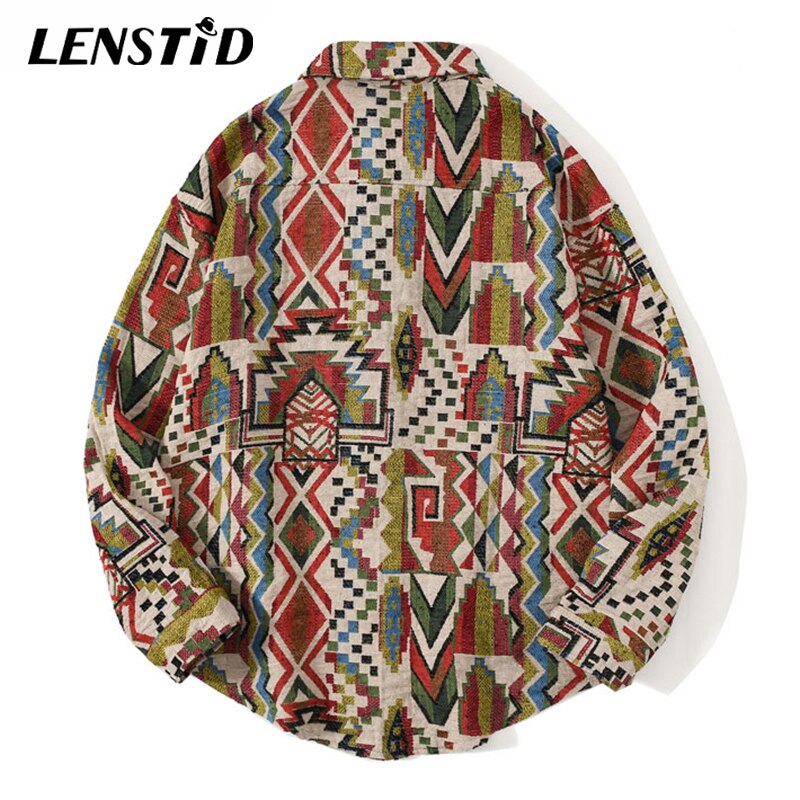 LENSTID Men Hip Hop Long Sleeve Knitted Shirt National Style Geometric Pattern Harajuku Streetwear Vintage Casual Loose Shirts