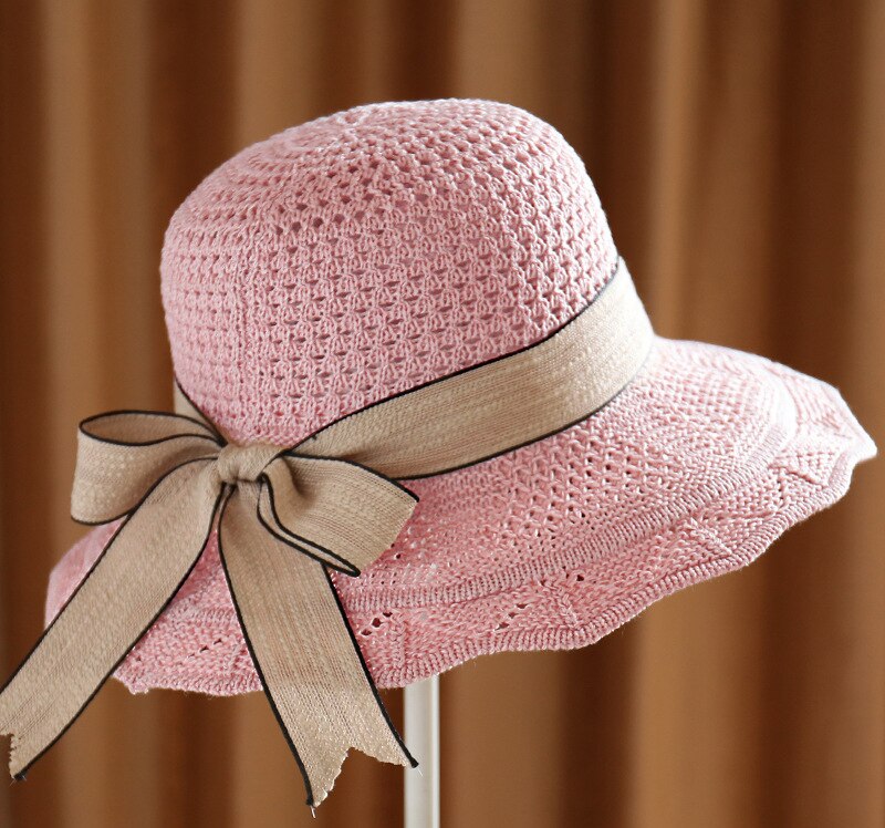 Spring Summer Cotton Knitted Bow Sun Hats Ladies Shade Straw Hat Breathable Big Brim Basin Hat Sunscreen Beach Caps: Pink