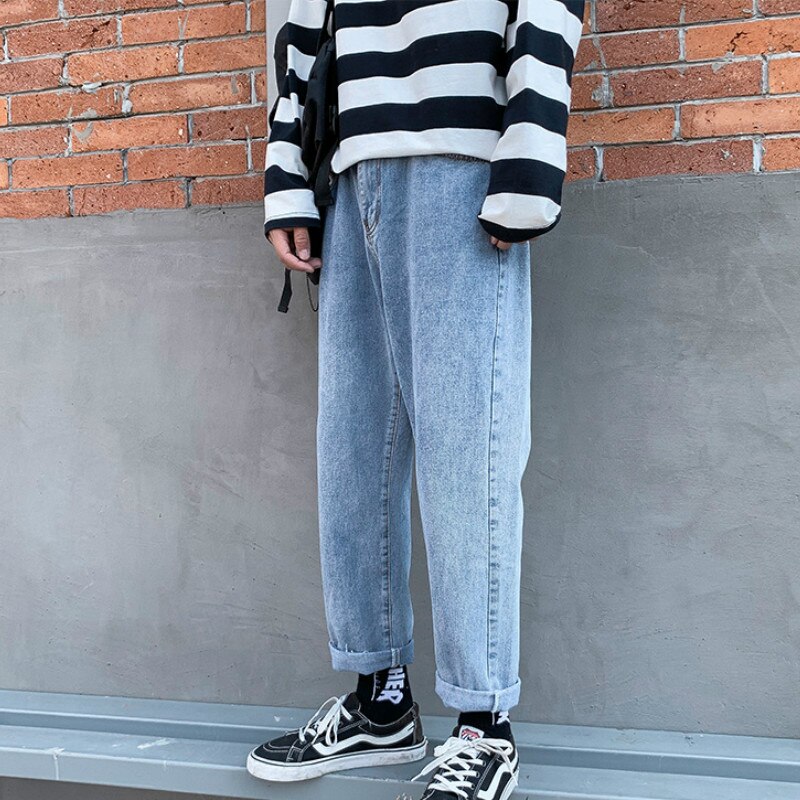 Män jeans chic retro solida vida byxor plus storlek 3xl ankellånga herr lös koreansk stil student fritid ulzzang harajuku
