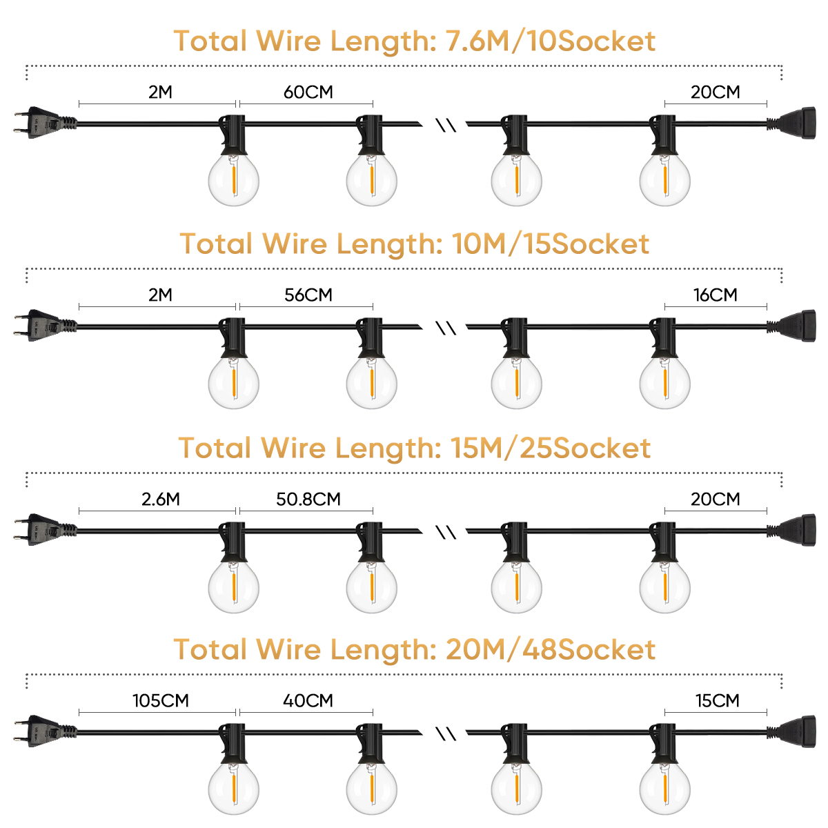 Guirnalda de luces G40 inastillable, 220V, 110V, cadena de luces Led E12, impermeable, conexión al aire libre, patio, porche, balcón, decoración de