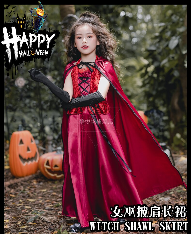 Halloween Kostuum Roodkapje Kinderkleding Meisjes Kleding Vampier Prinses Lange Jurk Sjaal Mantel Heks Meisje