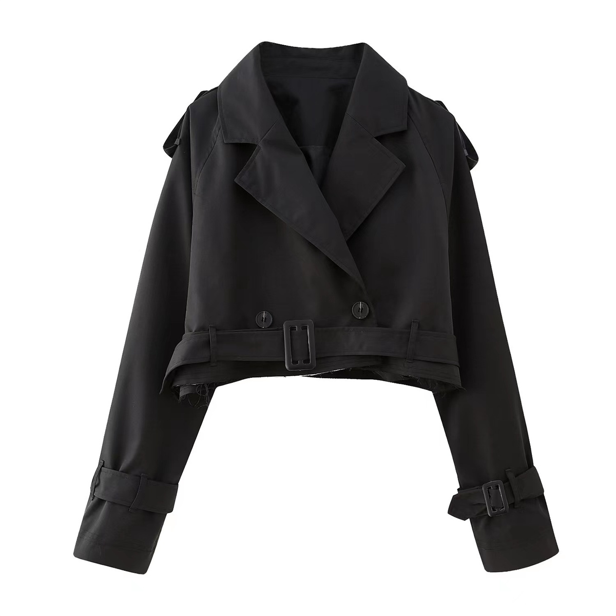 Jahrgang Gürtel Abgeschnitten Graben Jacke Frauen Langarm Revers Mantel Herbst Winter Zweireiher Spitzen Weibliche Streetwear: M / Schwarz