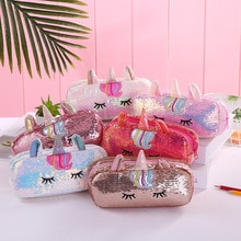 Estojo escolar com lantejoulas, estojo para escola com kawaii, material escolar