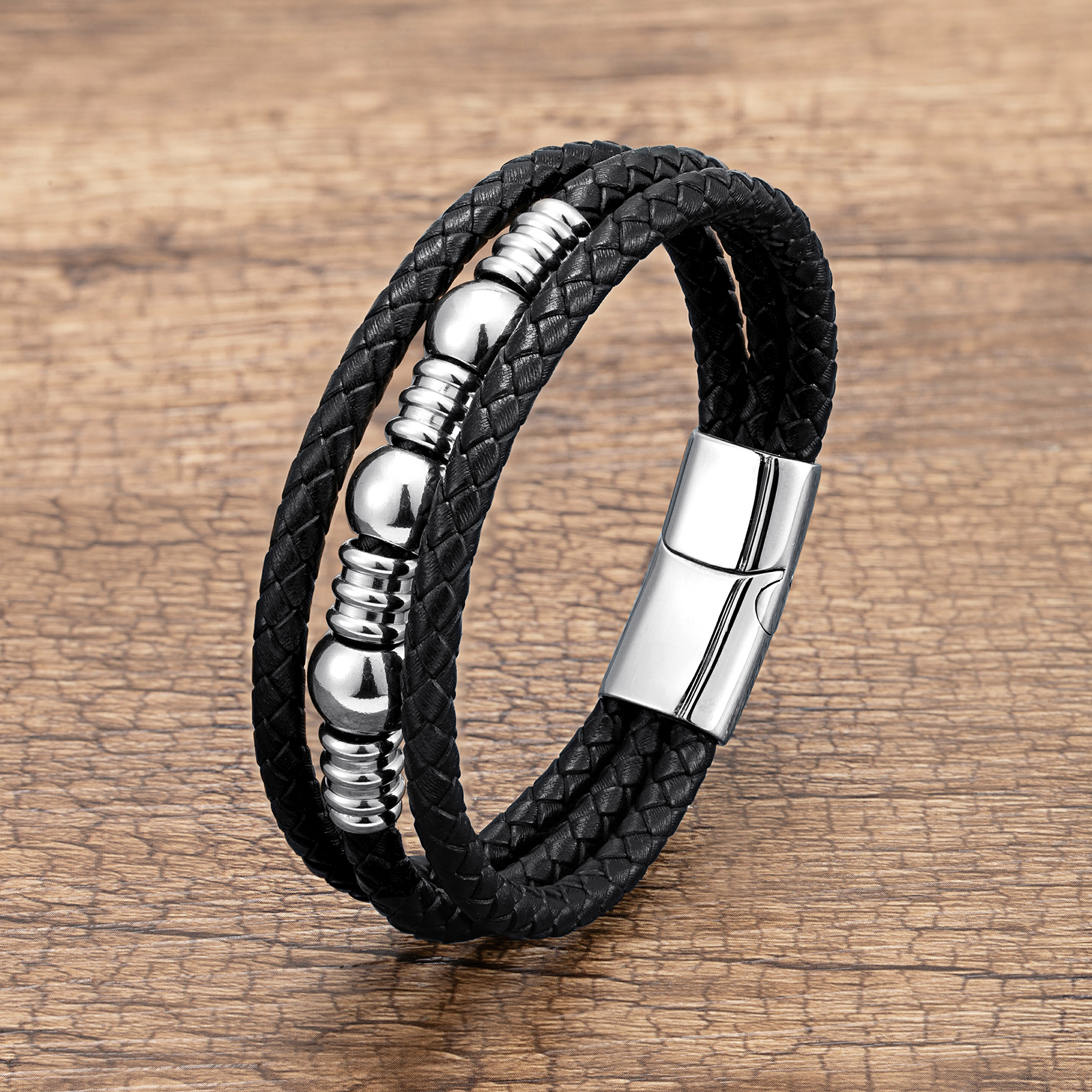 Hot Trend ręcznie tkane bransoletki ze skóry mężczyzn klasyczny Design koralik ze stali nierdzewnej bransoletka dla mężczyzn biżuteria prezent: White Metal / 19cm