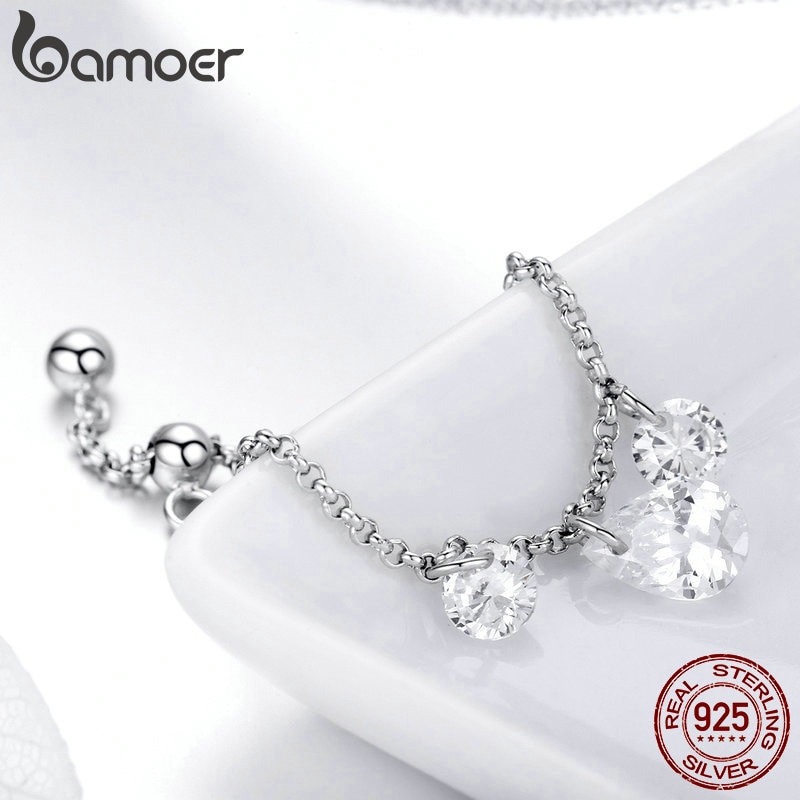 Bamoer 100% 925 prata esterlina luminosa zircão cúbico corrente anéis de dedo para o casamento feminino jóias scr485