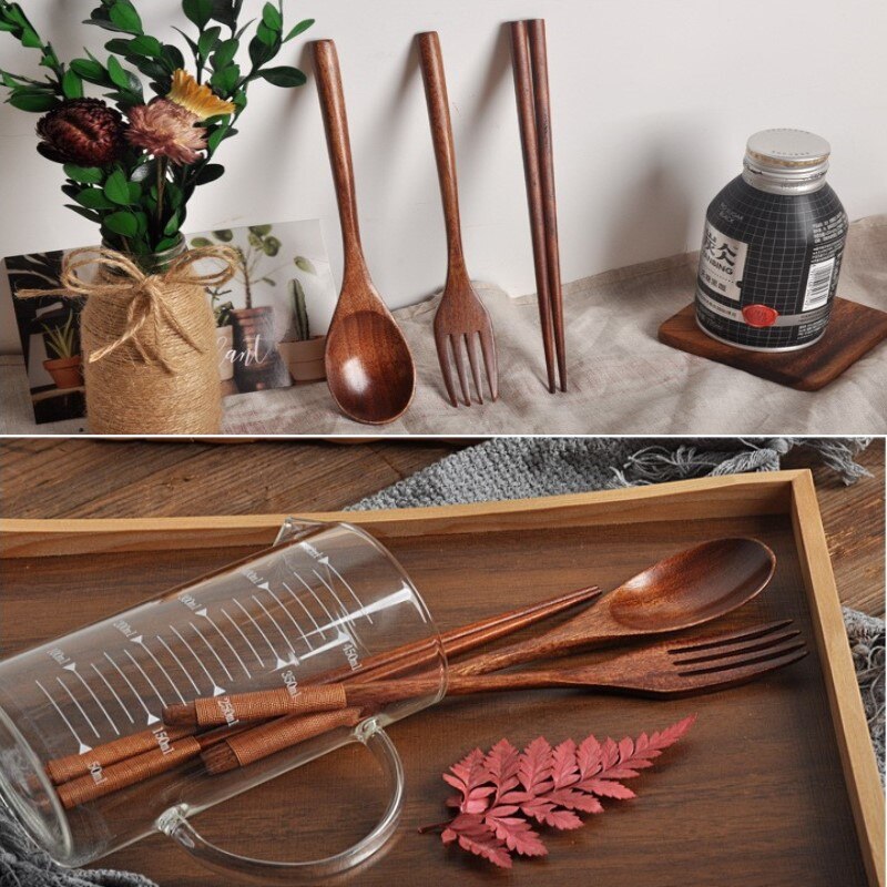 1 Pcs Houten Servies Vork Lepel Eetstokjes 3 Stuk Set Massief Hout Lange Steel Lepel Eetstokjes Keuken Draagbare Servies