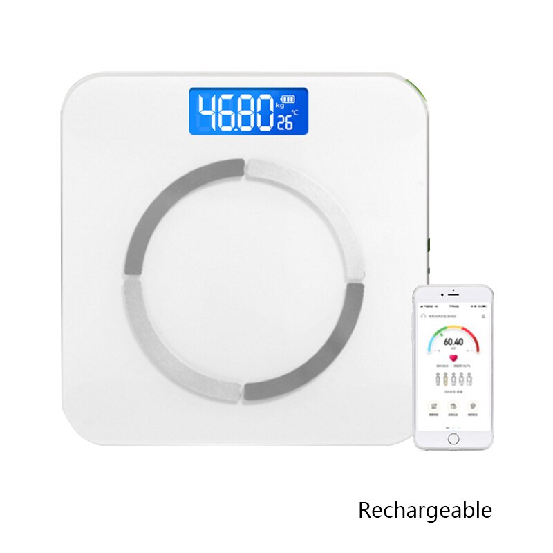 USB Charging Weight Scale Smart Body Fat Scale Bluetooth Electronic Scale Fat Measuring Tool App Floor Scales весы напольные: White A