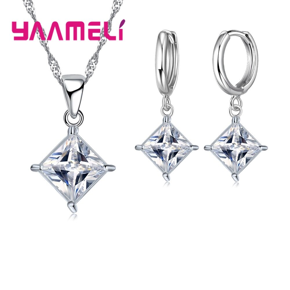 Authentieke 925 Sterling Zilveren Glanzende Cz Geometrische Klassieke Vierkante Huggie Oorbellen Ketting Sets Voor Vrouwen Fijne Sieraden: White