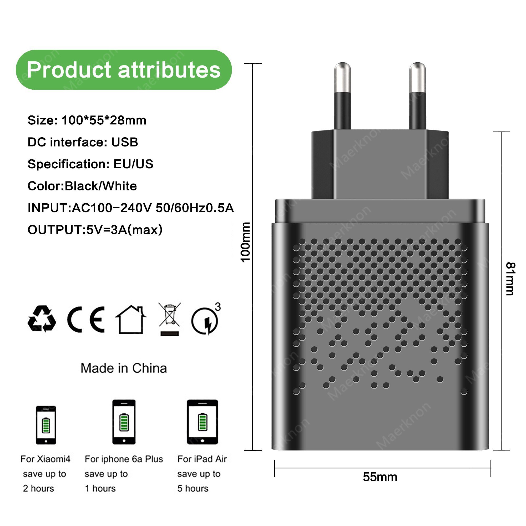 Chargeur USB 48W 5 Ports Charge rapide 3.0 4.0 Adaptateur de prise EU / US pour iPhone Xiaomi Android Chargeur mural Charge rapide Chargeur de téléphone