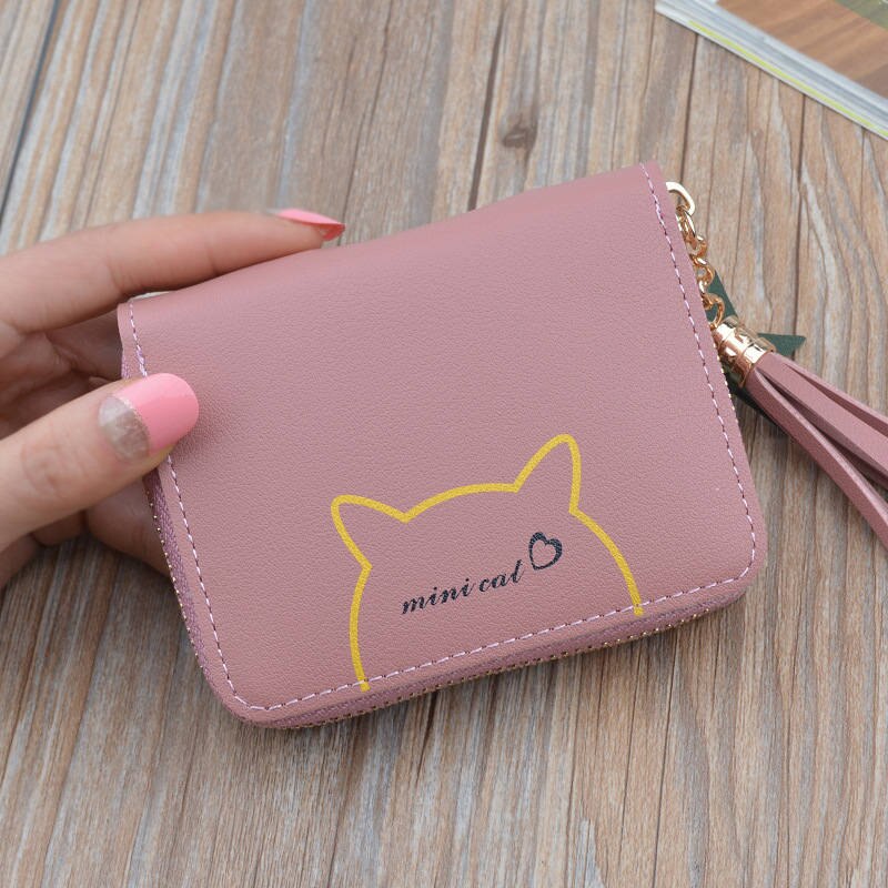 Cat Pattern Tassel Ladies Purses Coin Bag Card Holder, Small Wallets Star Pendant Slim Wallet Women Girls Female: Dk Pink