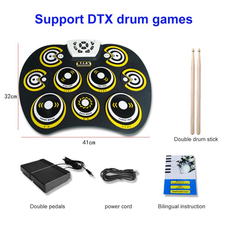 Drum Elektronische Drum Set Compact Size Usb Roll-Up Silicon Drum Pad Digitale Elektronische Drum Kit 9-Pad met Drumsticks Voet Pedalen: Rood